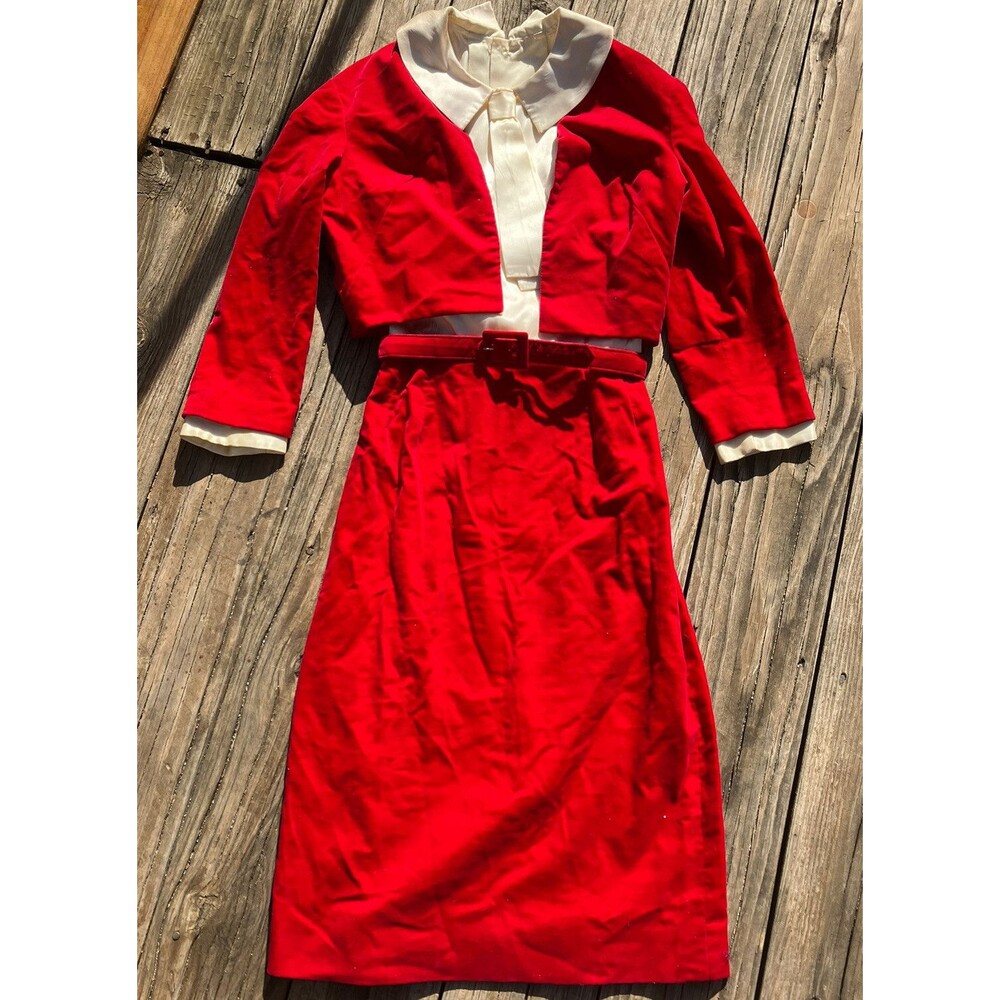 Vintage 1960s Mid Mod Red Velvet Cream Satin 2 Pc Party Dress Holiday MCM Sz XS